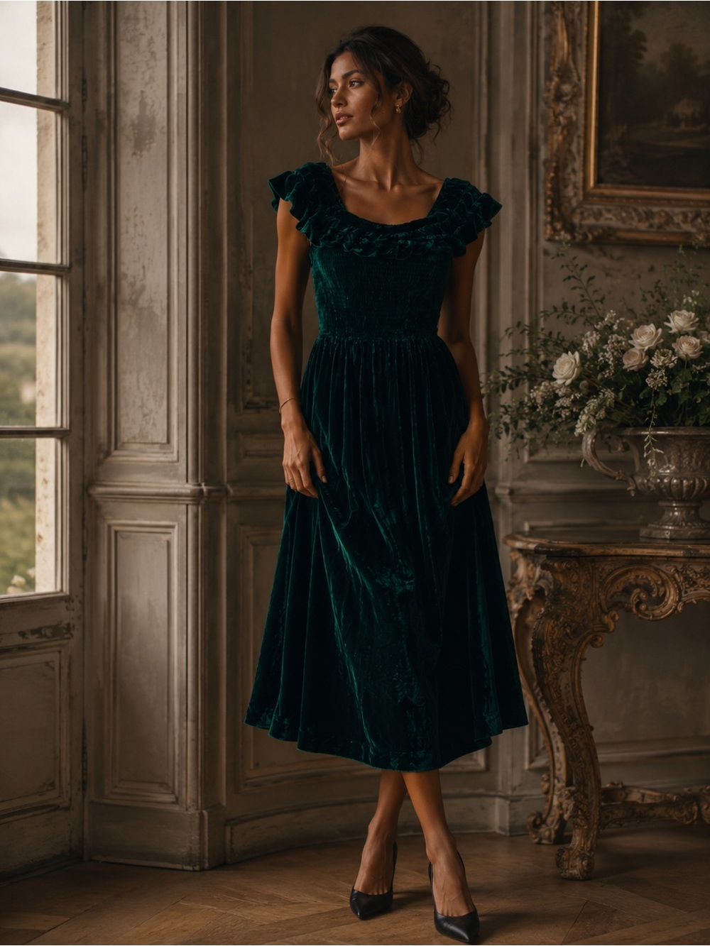 Hill House Home Emerald Green Velvet Smocked Midi Dress XS | Cottagecore Luxe
